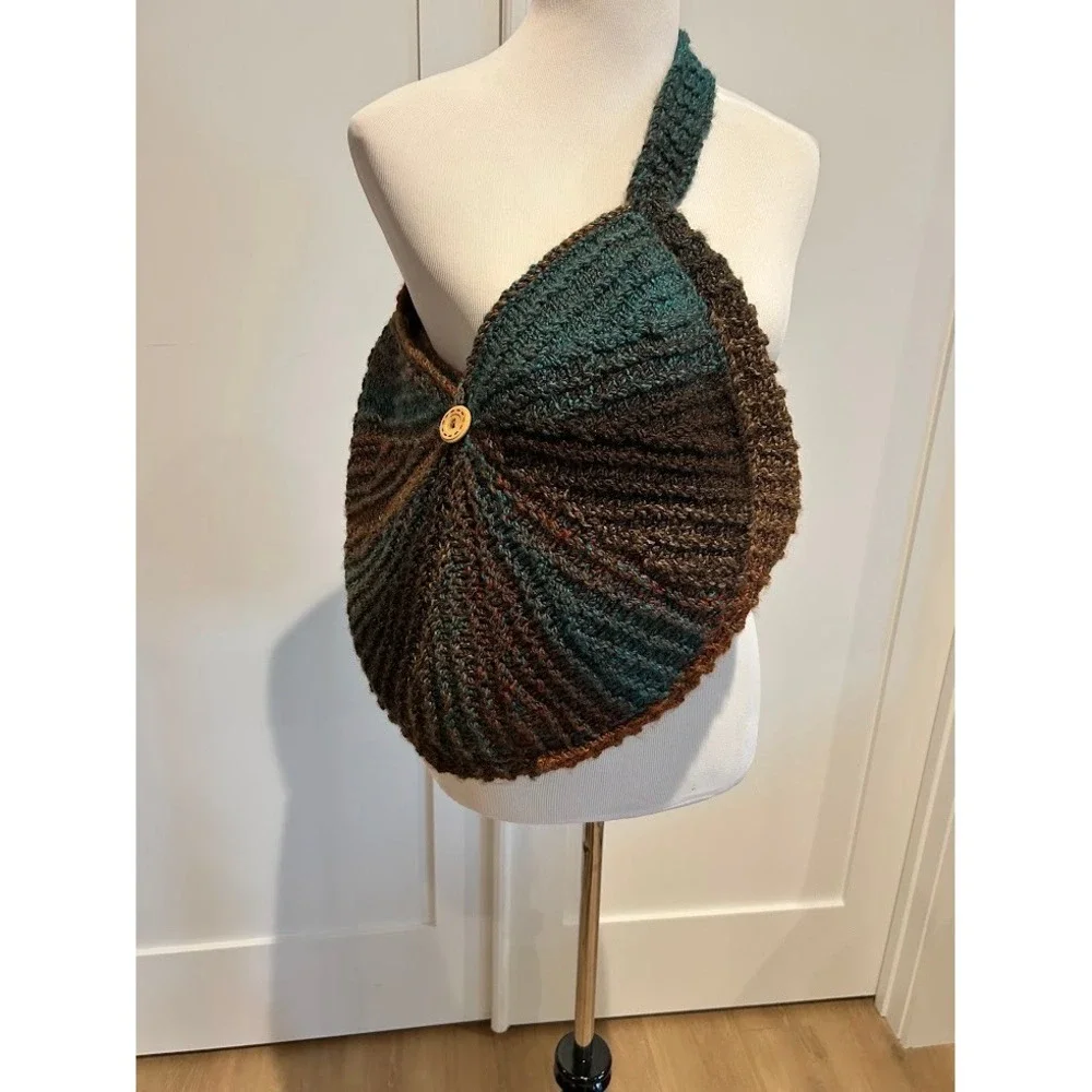 Crocheted Shoulder Bag Boho Artisan‎ Button Detail Teal Brown